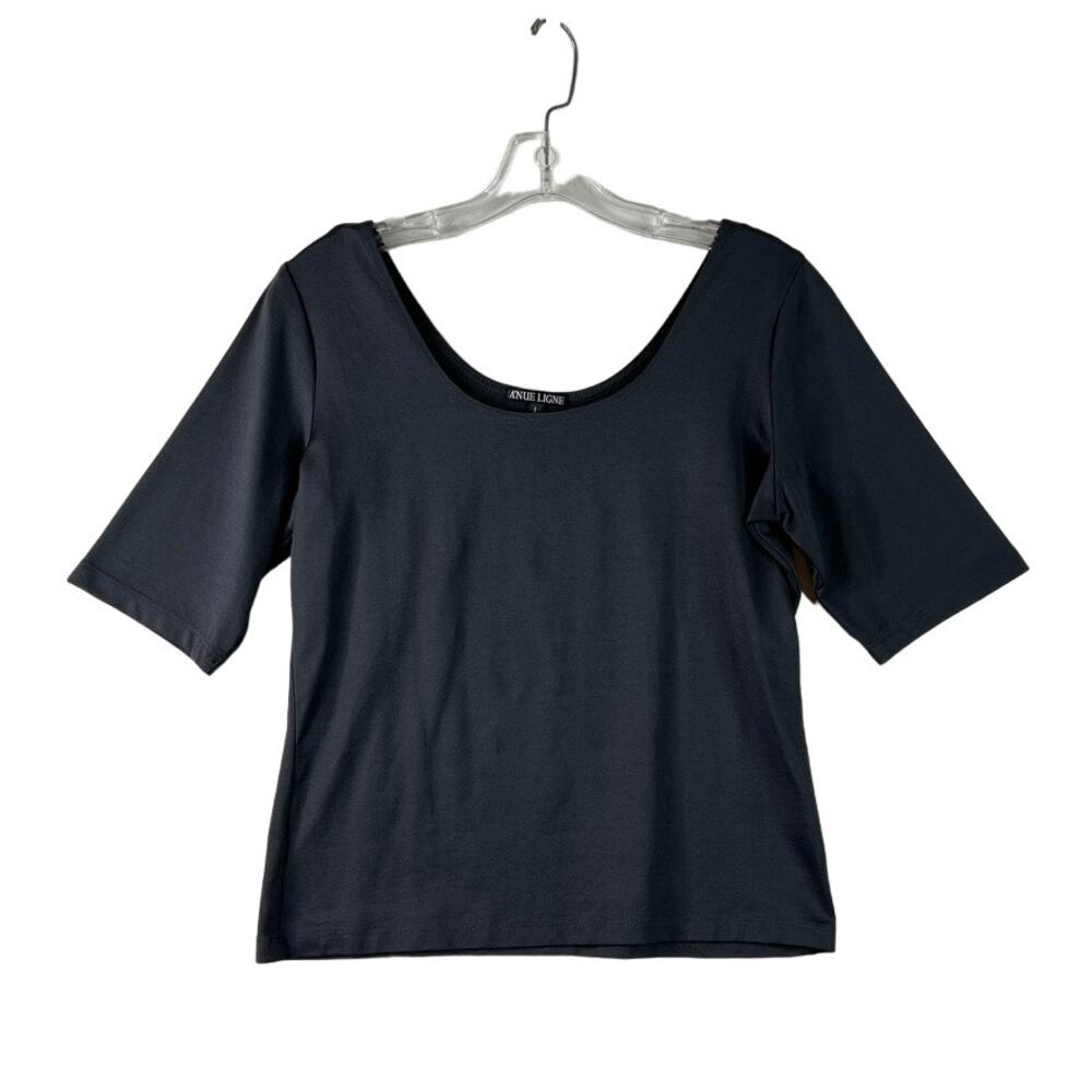 A'Nue Ligne Short Sleeve Scoop Neck Crop Pullover Top Smoke Gray Womens Large